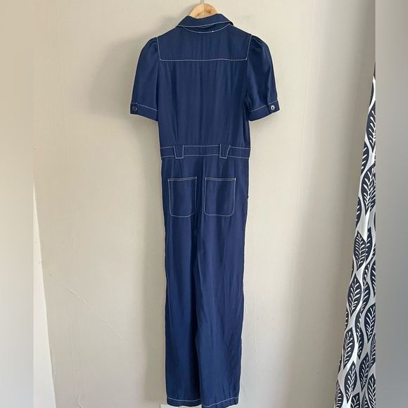 A LOVES A blue contrast stitch retro inspired wide leg button front jumpsuit - Picture 9 of 9